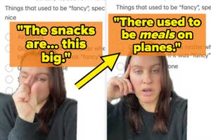 Woman gesturing small size with fingers, text overlays about airplane snacks