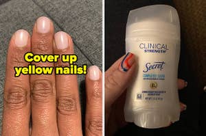 a reviewer wearing nail concealer and text that reads cover up yellow nails; a hand holding clinical strength secret deodorant