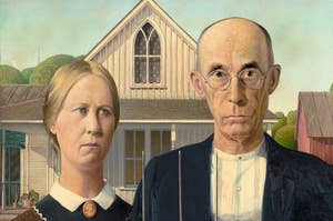 "American Gothic" painting of a farming couple in front of a ranch house.