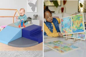 on left: child playing on toddler gym, on right: child playing with puzzle set
