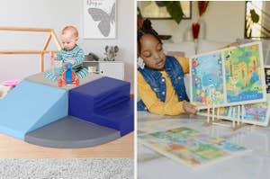 on left: child playing on toddler gym, on right: child playing with puzzle set