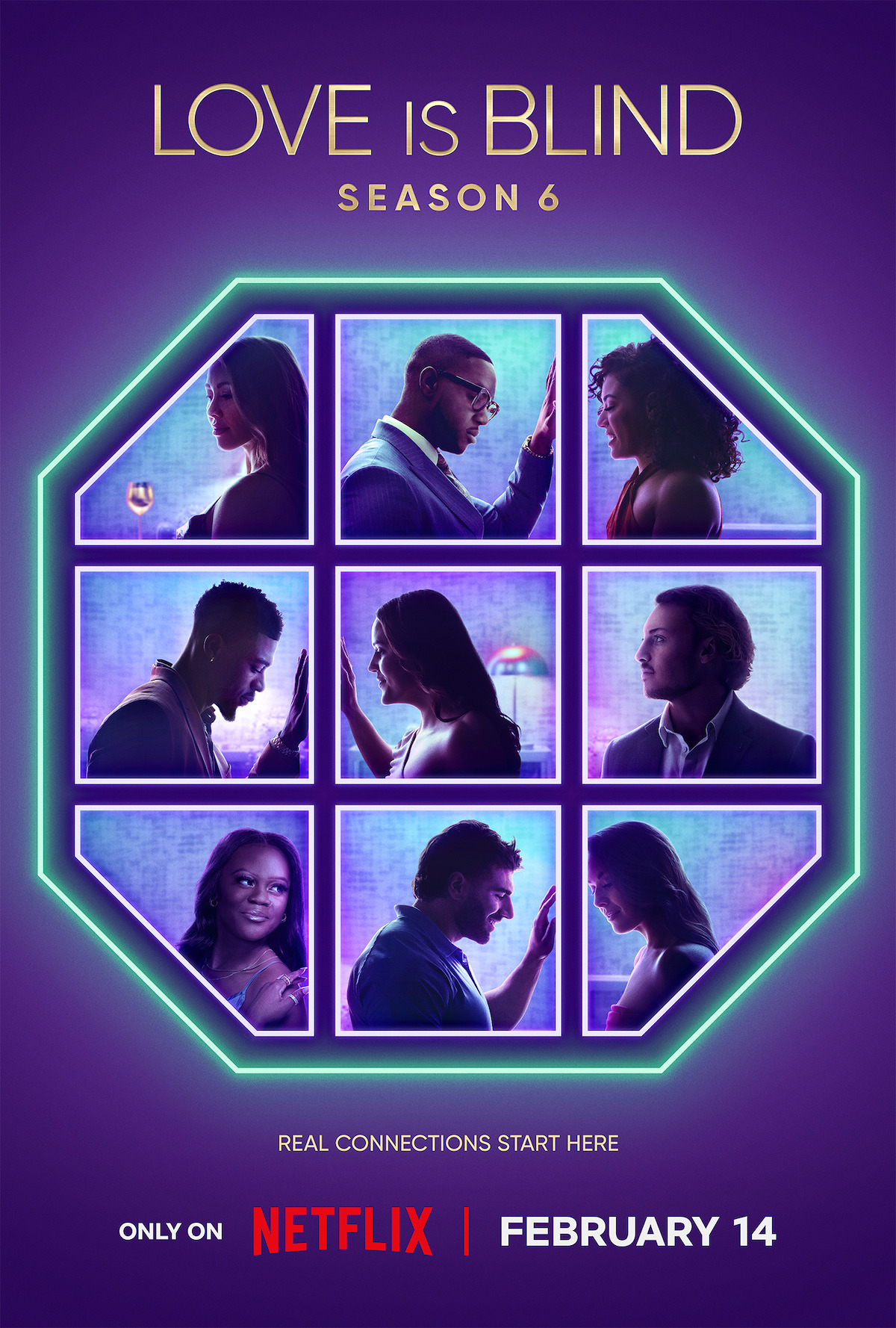 Promotional poster for &quot;Love Is Blind&quot; Season 6, featuring silhouettes of couples in hexagonal frames with premiere date