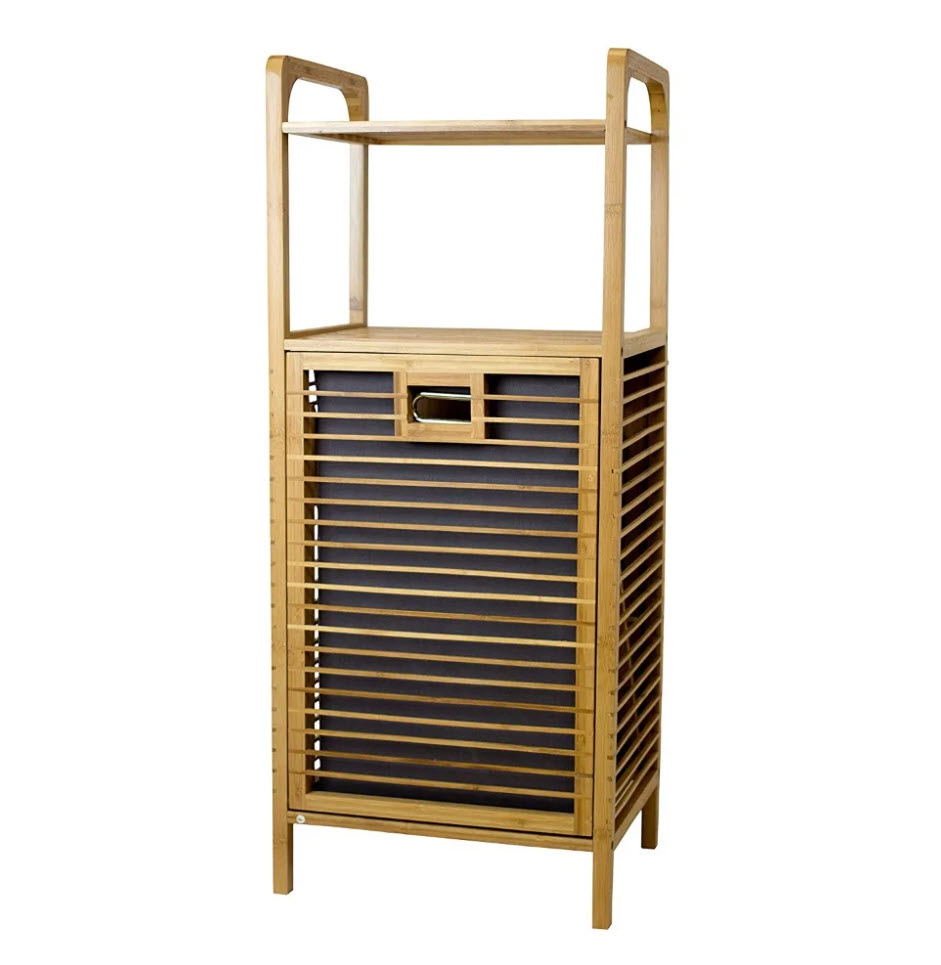 Wooden laundry hamper with a lifting lid and an upper shelf