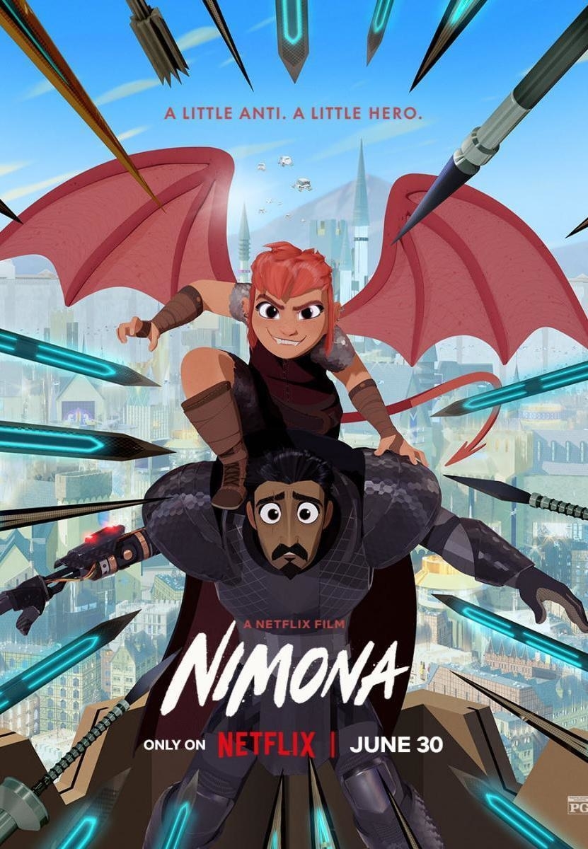 Póster de "Nimona", con la heroína pelirroja montando sobre los hombros de su compañero en una ciudad futurista. Estreno en Netflix, 30 de junio