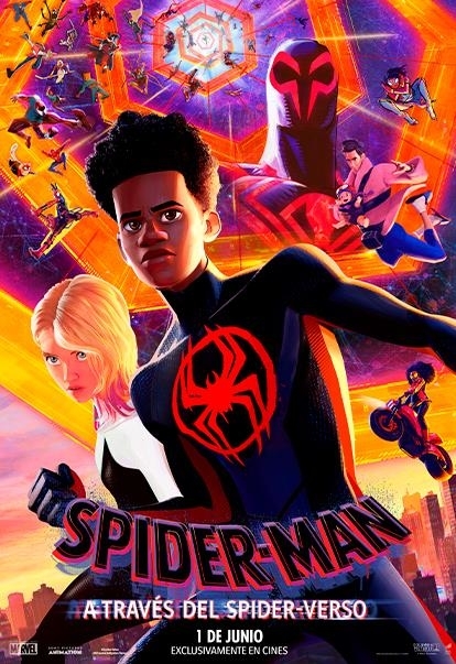 Póster de "Spider-Man: A través del Spider-Verso" con personajes animados Spider-Man, Gwen Stacy y otros
