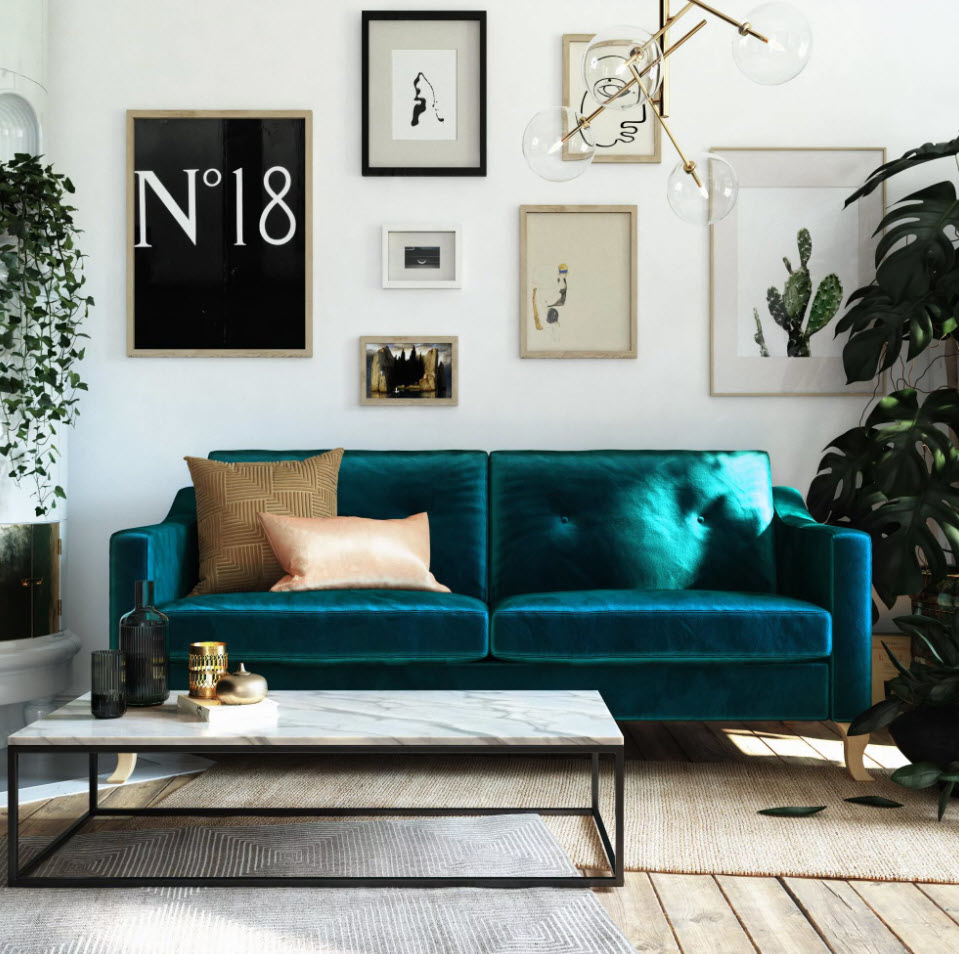 Blue velvet sofa in living room