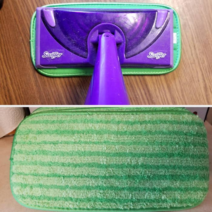 Swiffer mop with a dry sweeping cloth attached, viewed from top. Used for floor cleaning