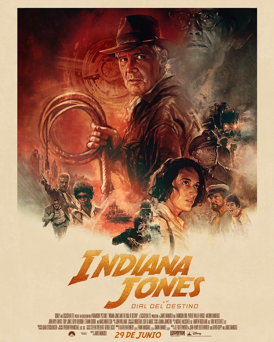 Póster de "Indiana Jones" con varios personajes en acción y la fecha "29 de Junio" destacada abajo