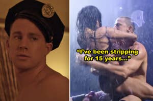 Side-by-sides of Channing Tatum dancing on stage in the "Magic Mike" movies