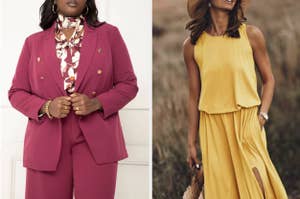 on left: model wearing pink blazer, on right: model wearing yellow sleeveless maxi dress