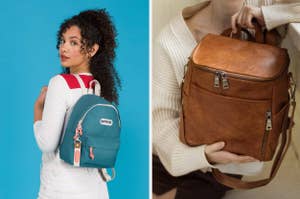 teal backpack, model holding brown leather backpack