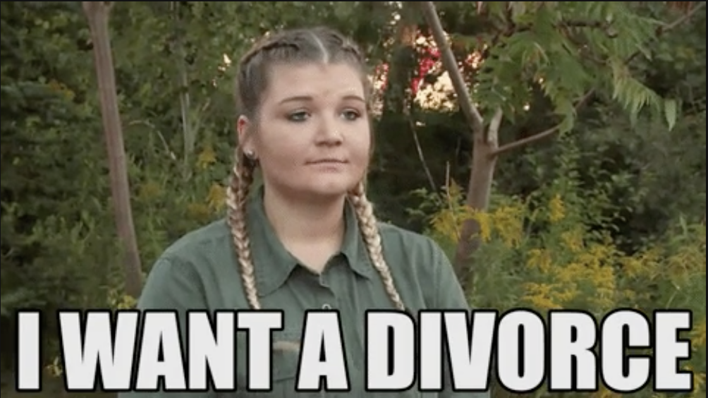 Woman with braided hair appears concerned, captioned &quot;I WANT A DIVORCE&quot;
