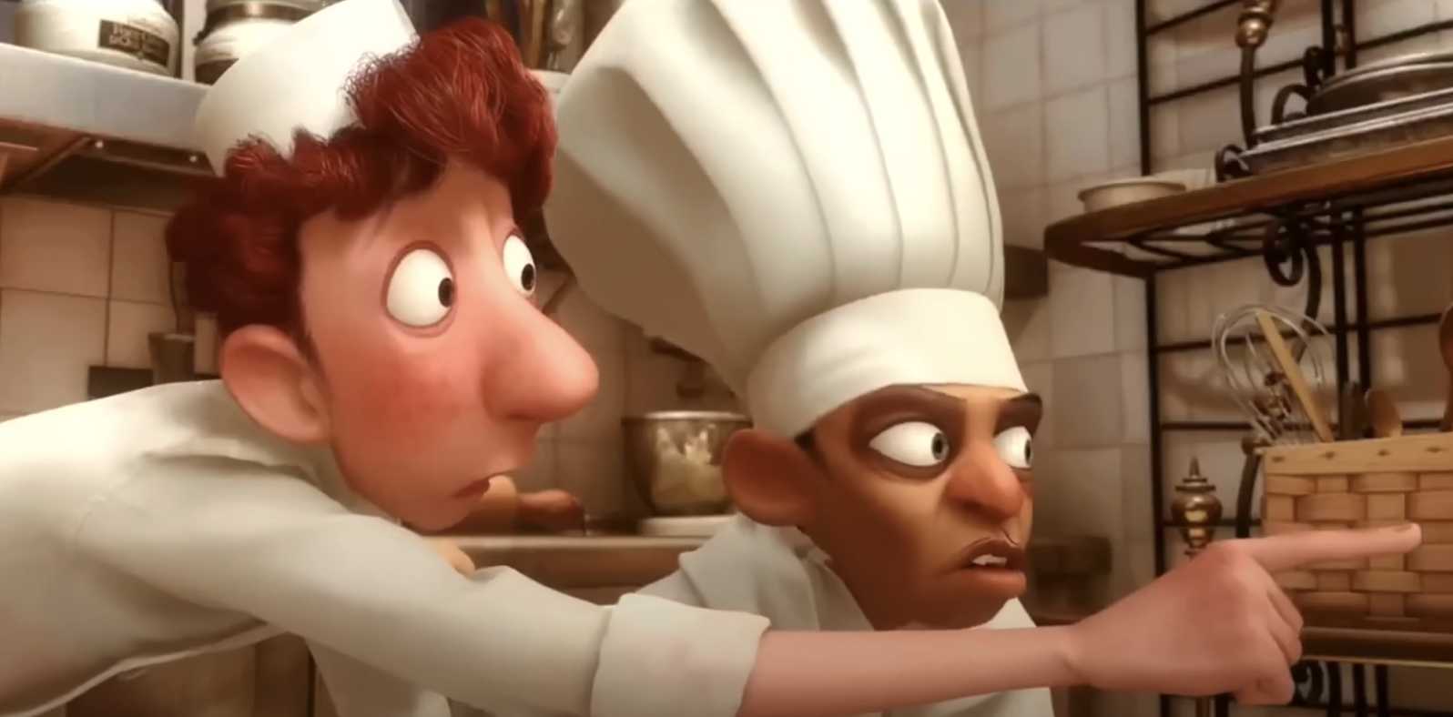 Animated characters Linguini and Chef Skinner in a kitchen from the movie Ratatouille. Skinner is pointing angrily
