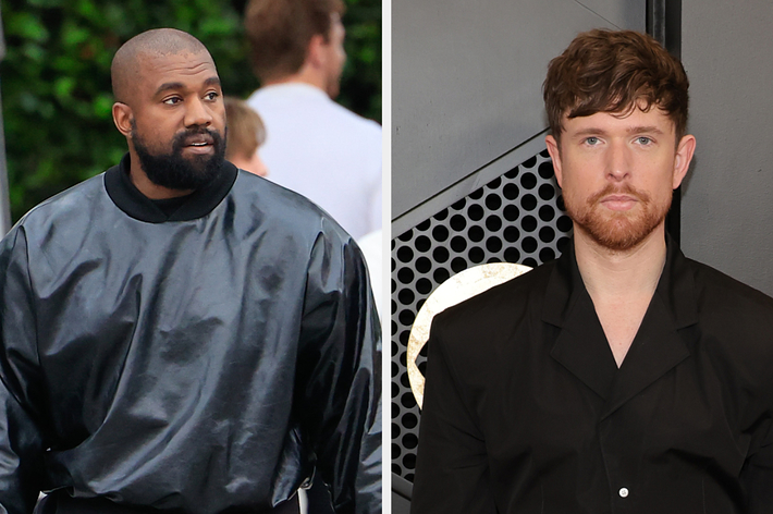 Kanye West in a black oversized shirt and James Blake in a black suit, split image at a music event