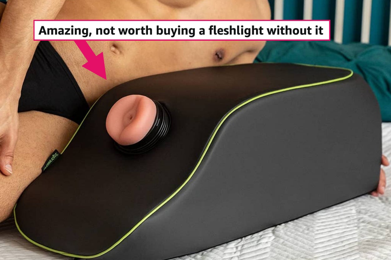 model posing next to missionary fleshlight pillow