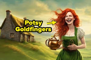 An AI image of a woman with red hair holding a teapot in front of a cottage.