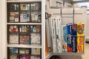 on the left, clear slide-out storage containers with bathroom essentials. on the right, silver plastic wrap container organizer on cabinet door