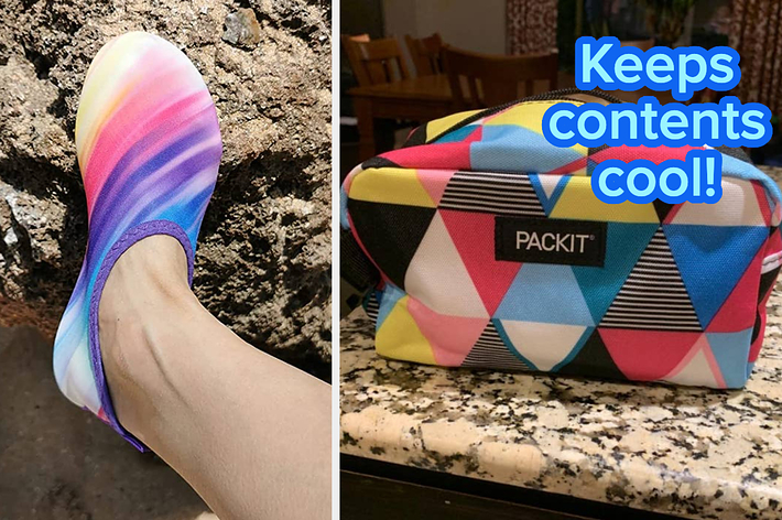 L: a reviewer wearing a water sock, R: a reviewer photo of a pouch and text reading "Keeps contents cool!"