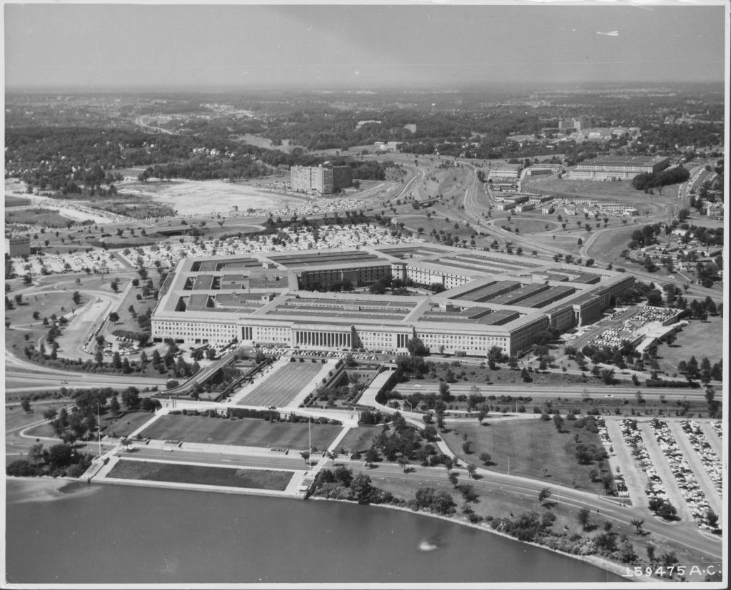 Aerial view of the Pentagon with surrounding parking lots and landscape