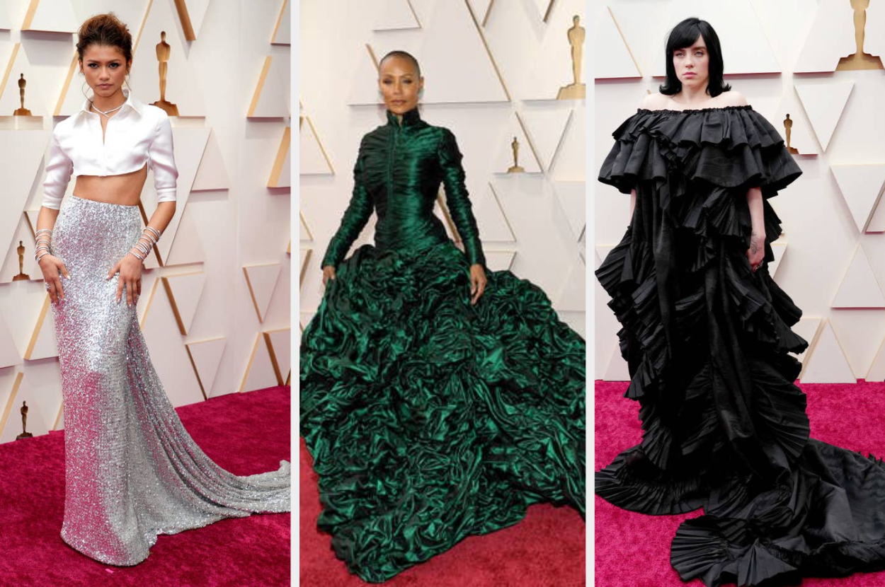 Zendaya in a white top and sequined skirt, Jada in a textured long-sleeved gown with full skirt, Billie in an off-the-shoulder ruffled dress with a train