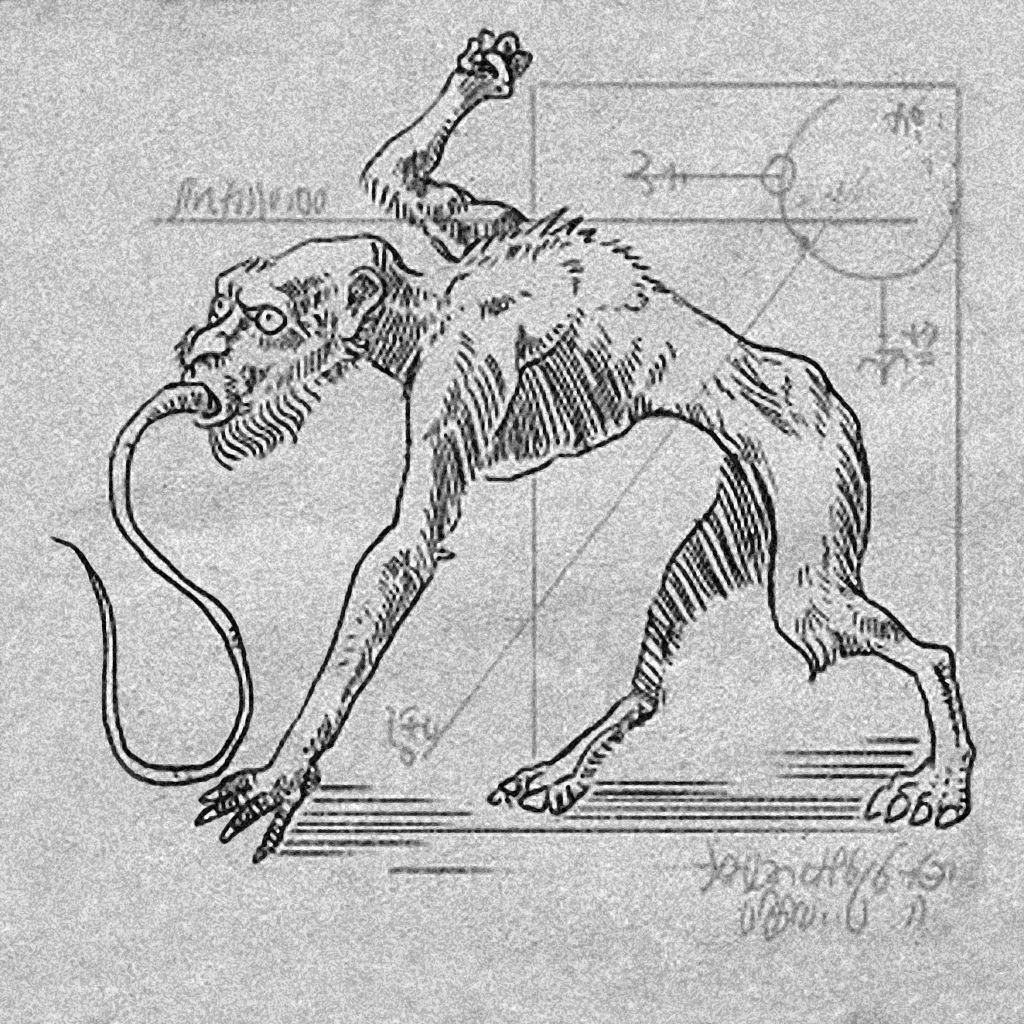 Sketch of a fantastical creature with engineering annotations