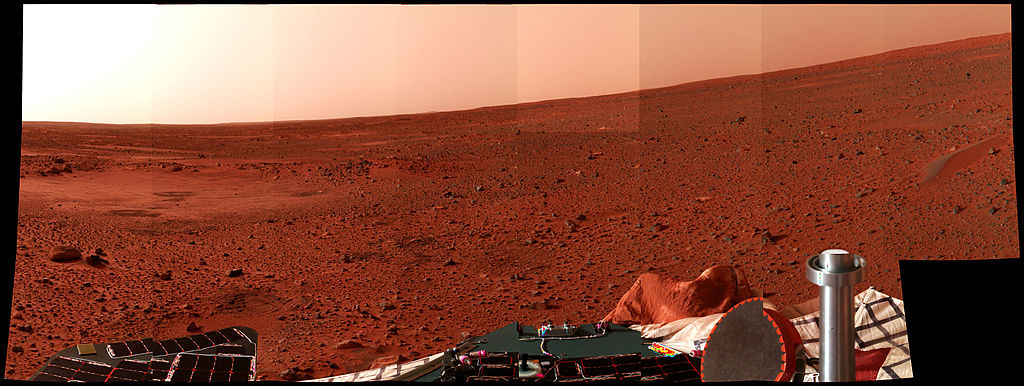 Panoramic view of the Mars surface from a rover with no people in sight