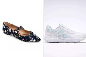 on left: floral-print flats, on right: white and blue Reebok sneaker
