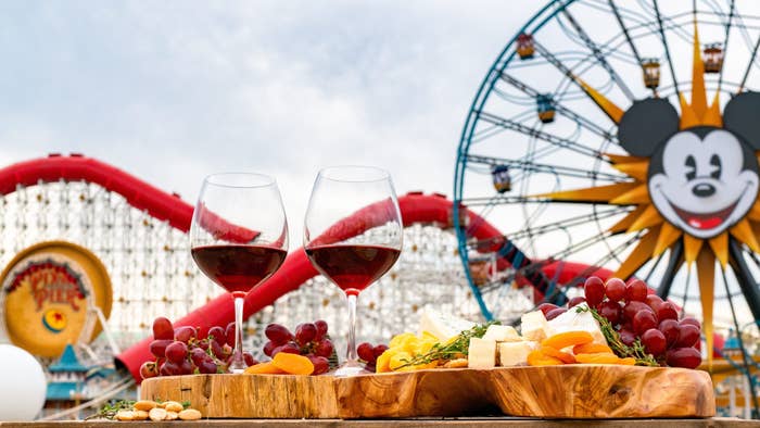 Two glasses of red wine and a cheese platter at Disneyland with Mickey&#x27;s Ferris Wheel in the background