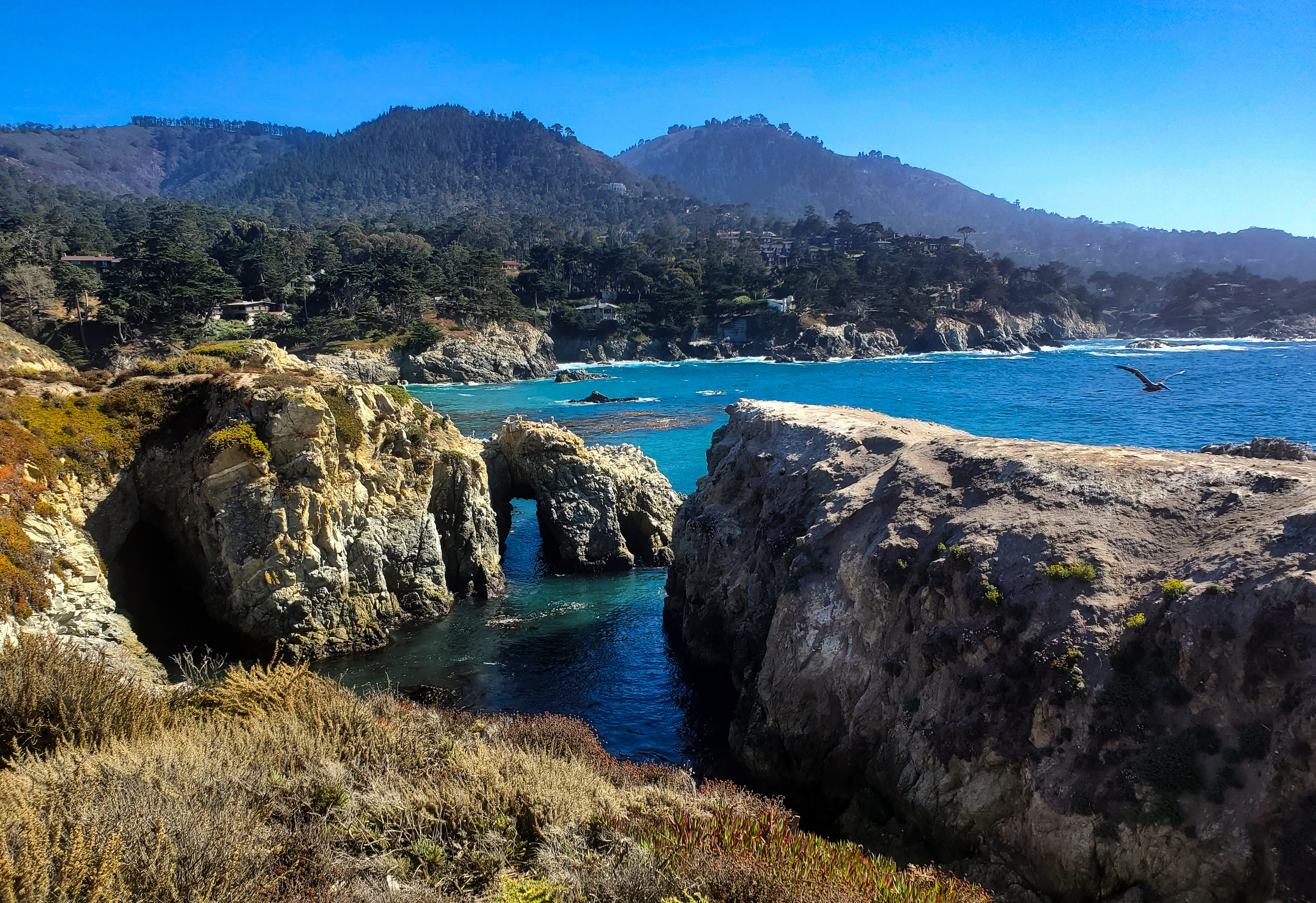 Coastal view with a natural rock arch over ocean waters, surrounded by wooded hills