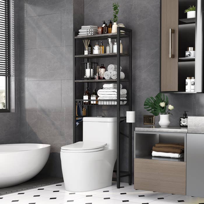 A freestanding over-the-toilet shelving unit