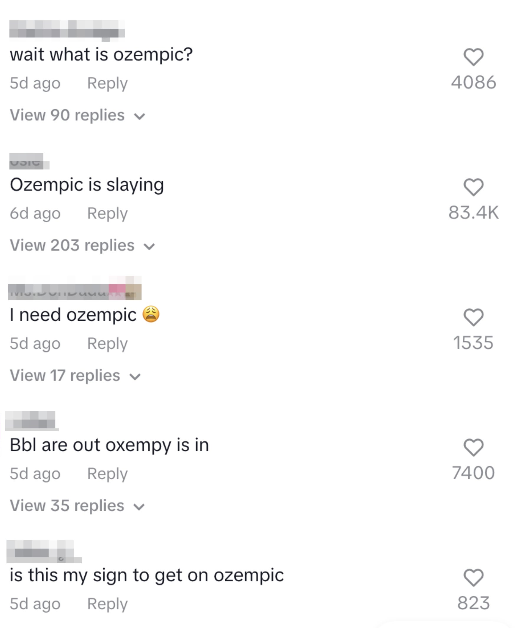 Comments on a post asking about Ozempic, with various users engaging and one questioning what Ozempic is