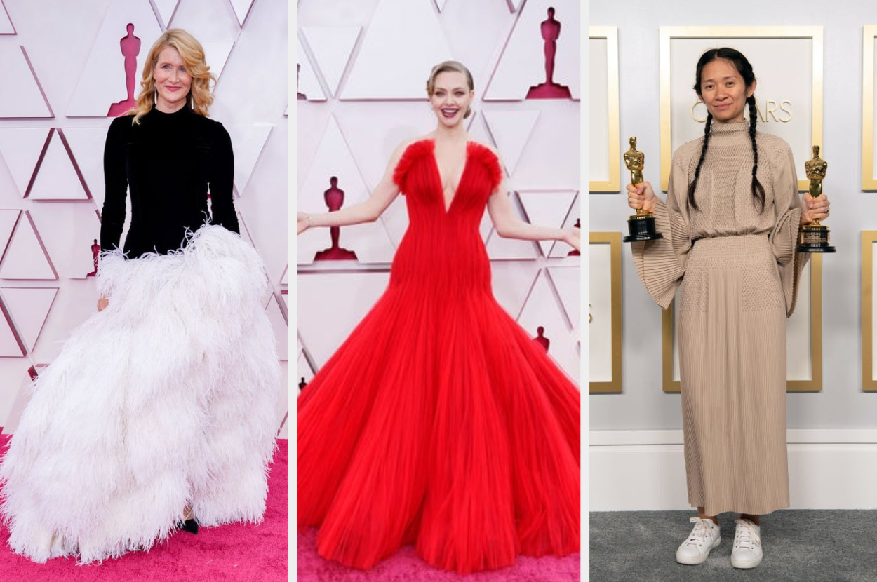 Laura Dern in a feathered skirt and long-sleeved dress, Amanda Seyfried in a deep v-neck strapless dress with pleated tulle skirt , and Chloe Zhao in a wide sleeve turtleneck and a line skirt