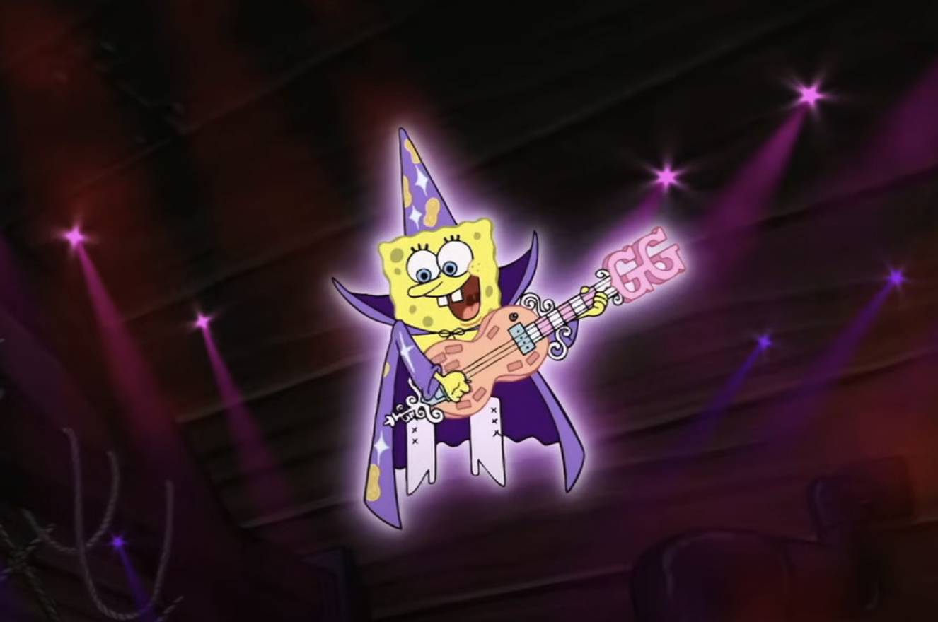 SpongeBob SquarePants dressed as a wizard, playing a guitar with music notes floating around