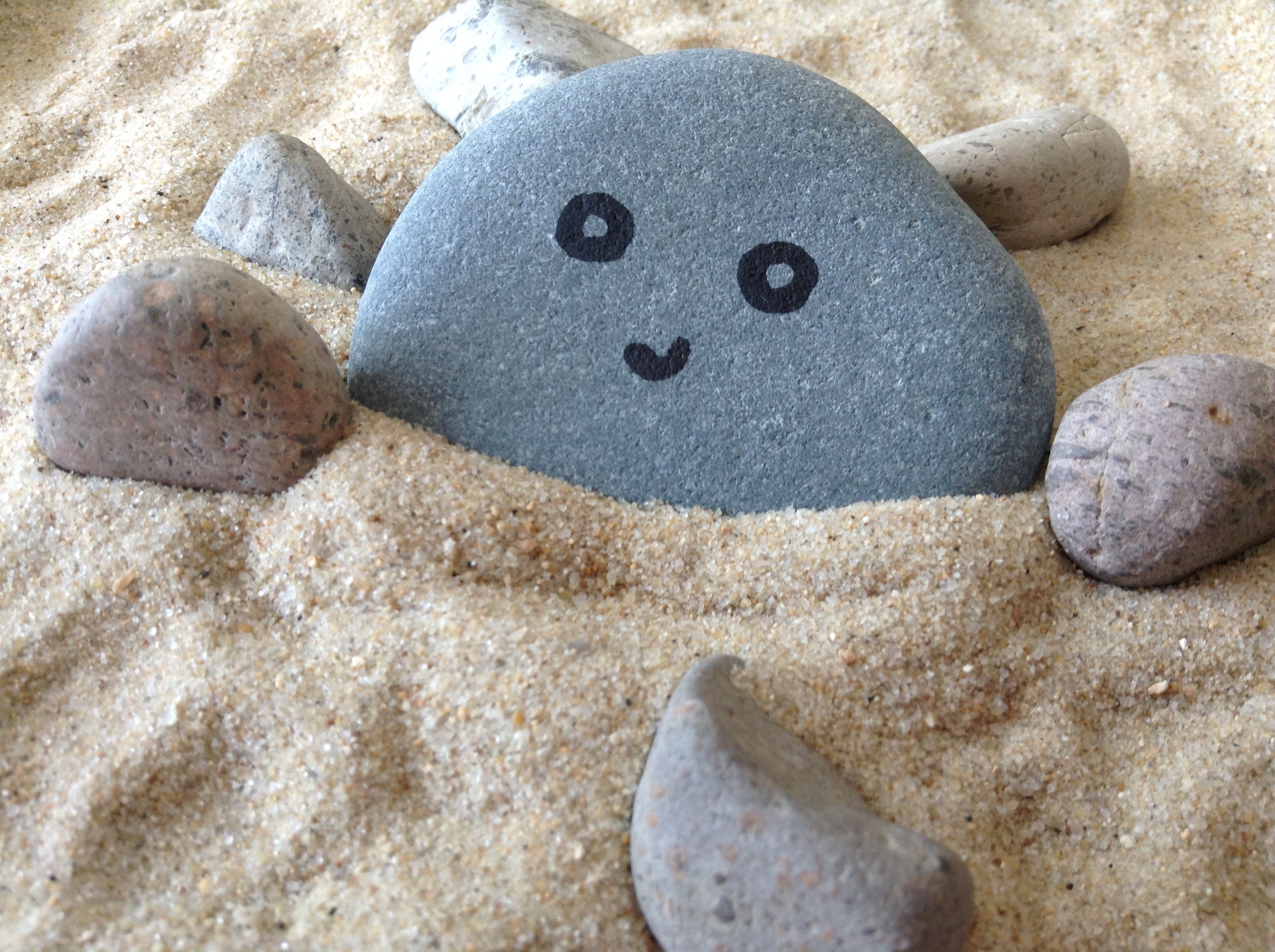 A rock shaped like a cartoon face surrounded by smaller stones on sand, resembling a family