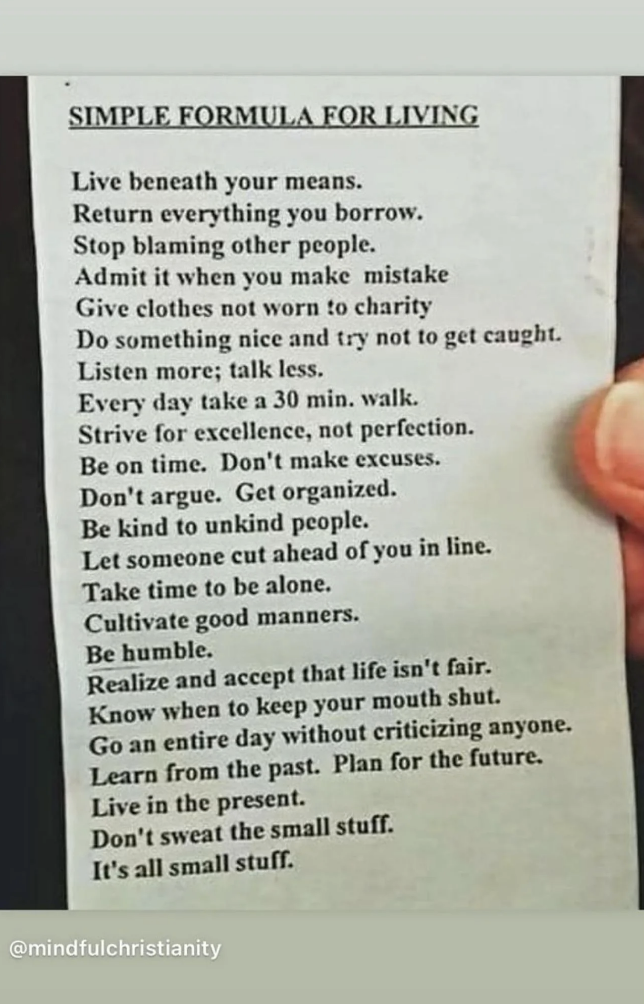 List of life advice including forgiveness, acceptance, humility, and living in the present