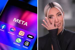 On the left: A phone screen showing Meta's apps and on the right: Kim Kardashian wiping away a tear