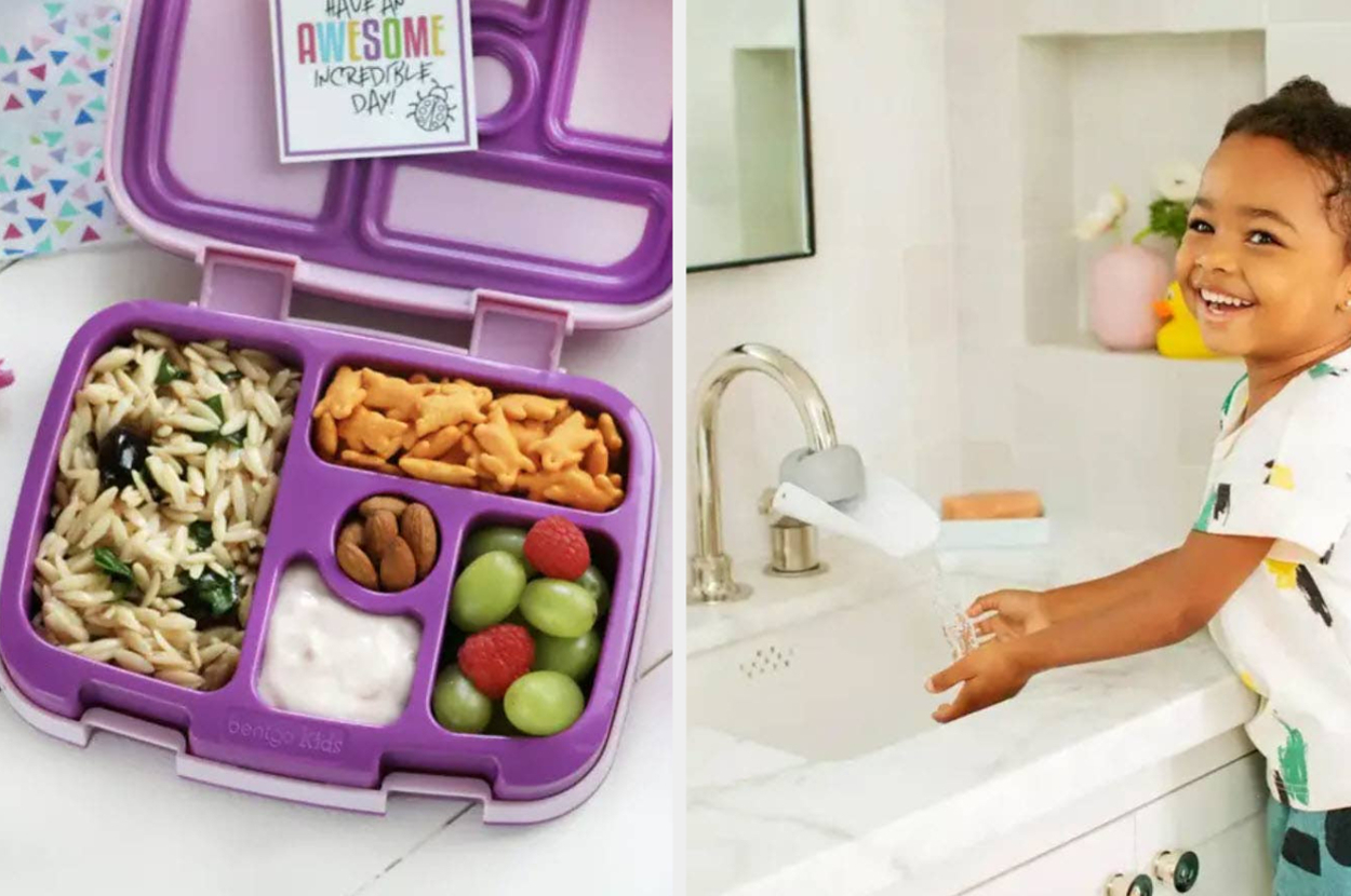 on left: purple bento lunch box, on right: faucet extender on sink