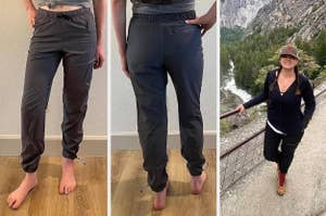person wearing pants, another reviewer wearing pants on a moutain