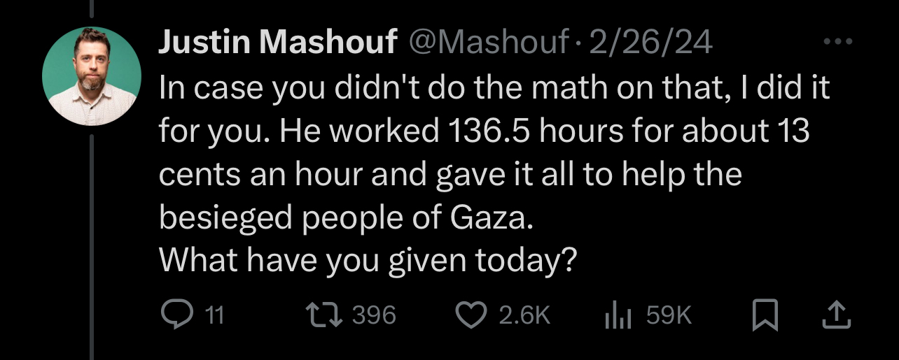 Tweet by Justin Mashouf noting someone worked 136.5 hours for about 13 cents an hour to aid people in Gaza, prompting reflection on one&#x27;s own contributions