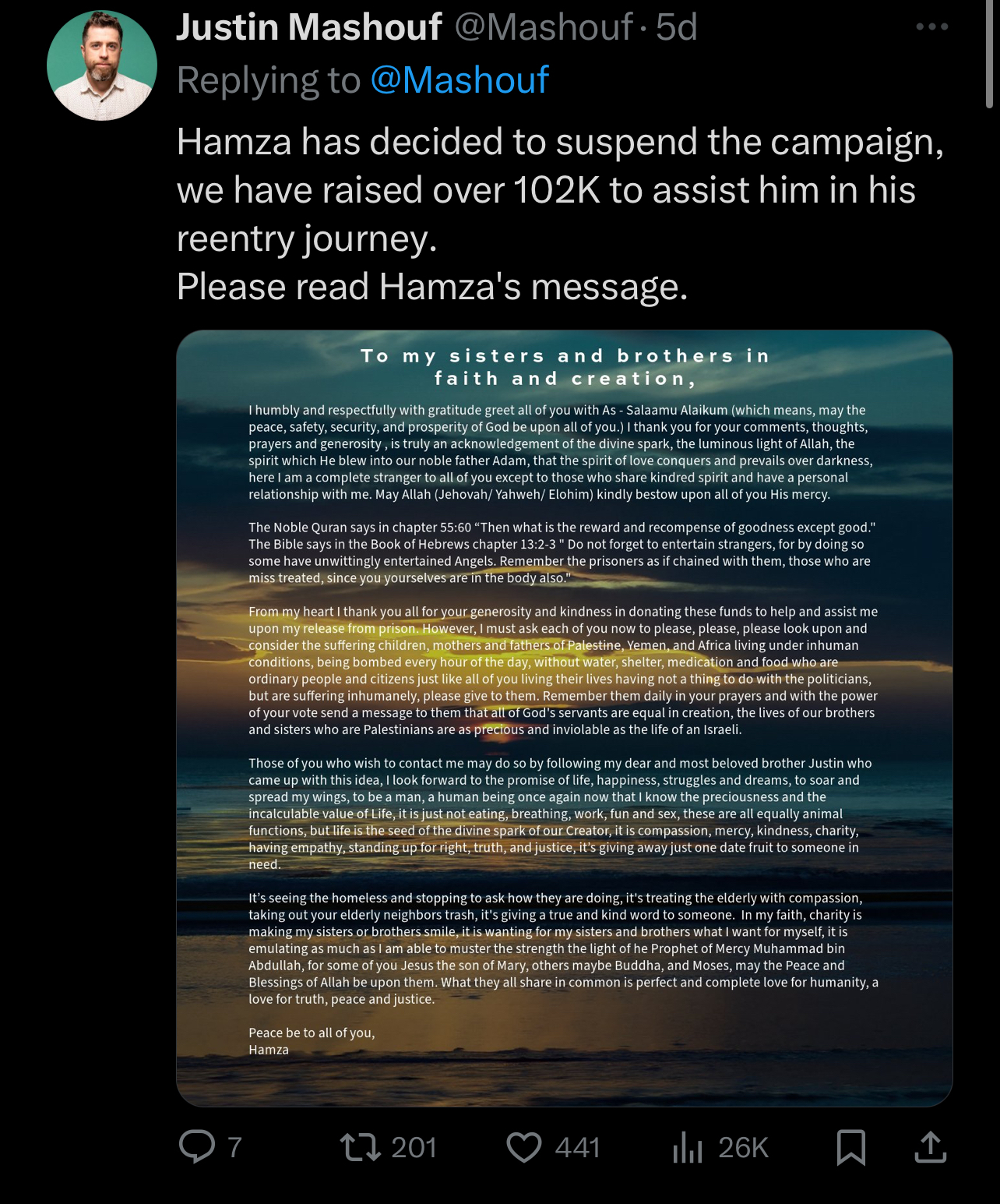 The image shows a Twitter post by Justin Mashouf responding to Hamza&#x27;s decision to suspend his campaign, including a lengthy quoted text