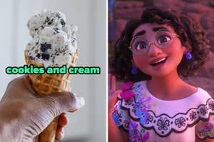 On the left, someone holding a cookies and cream ice cream cone, and on the right, Mirabel from Encanto