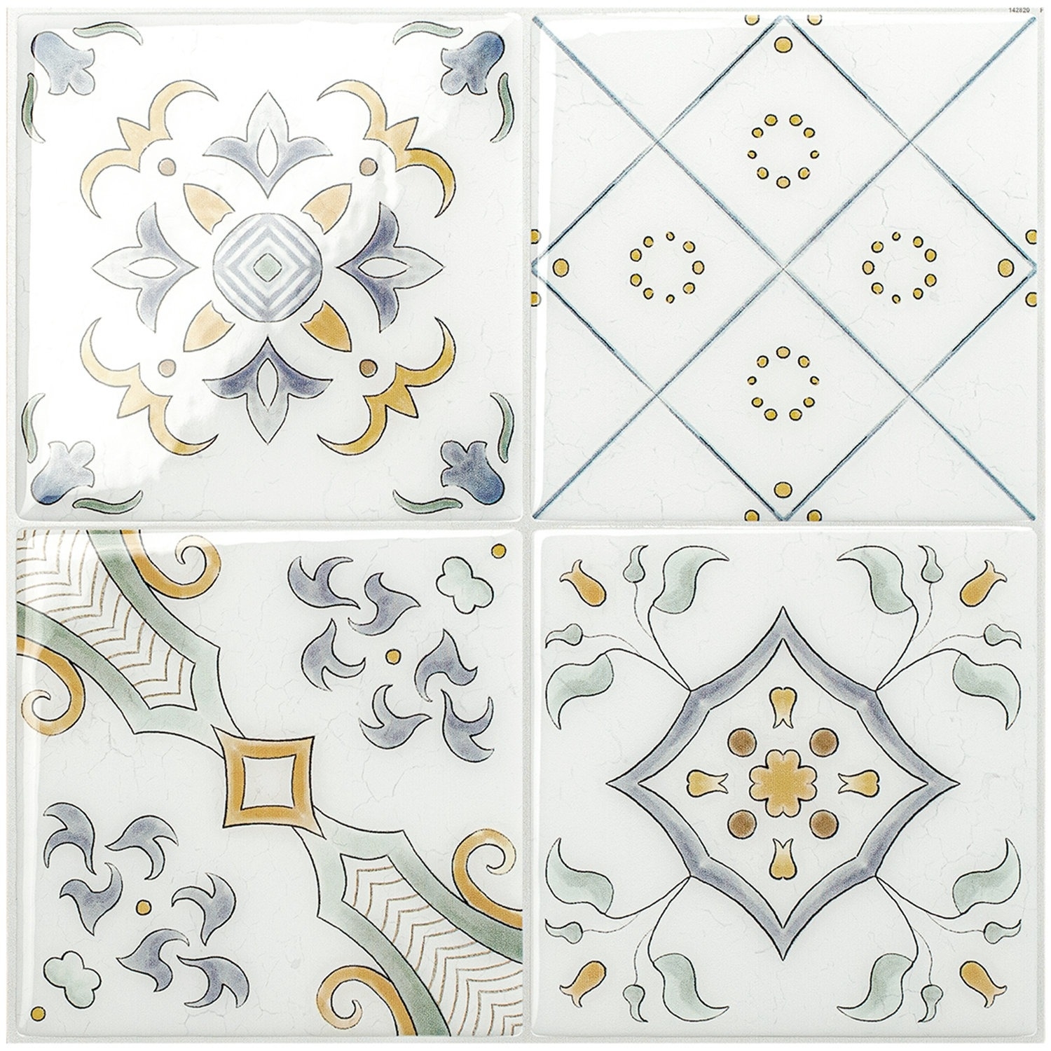 Four decorative tiles with intricate patterns