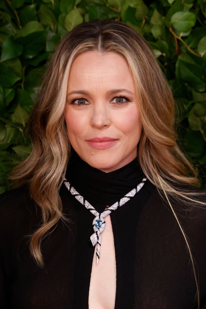 Close-up of Rachel McAdams with a black turtleneck and diamond necklace