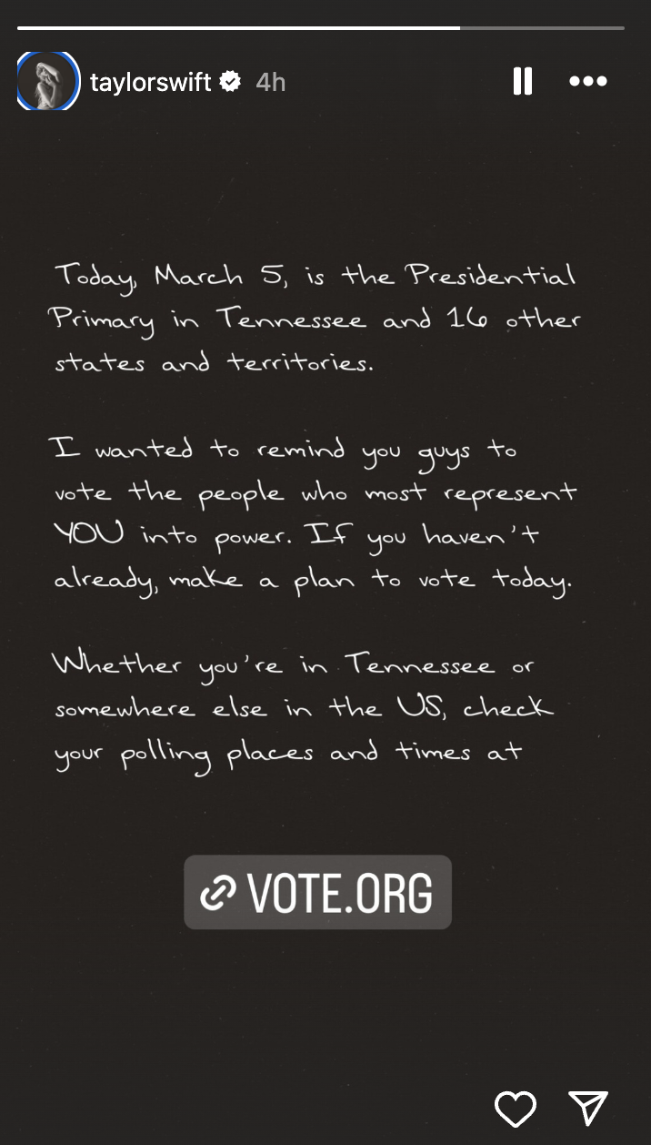Taylor Swift&#x27;s Instagram post encouraging voting, mentions Tennessee and Super Tuesday, with a reminder to make a plan to vote and a link to VOTES.ORG
