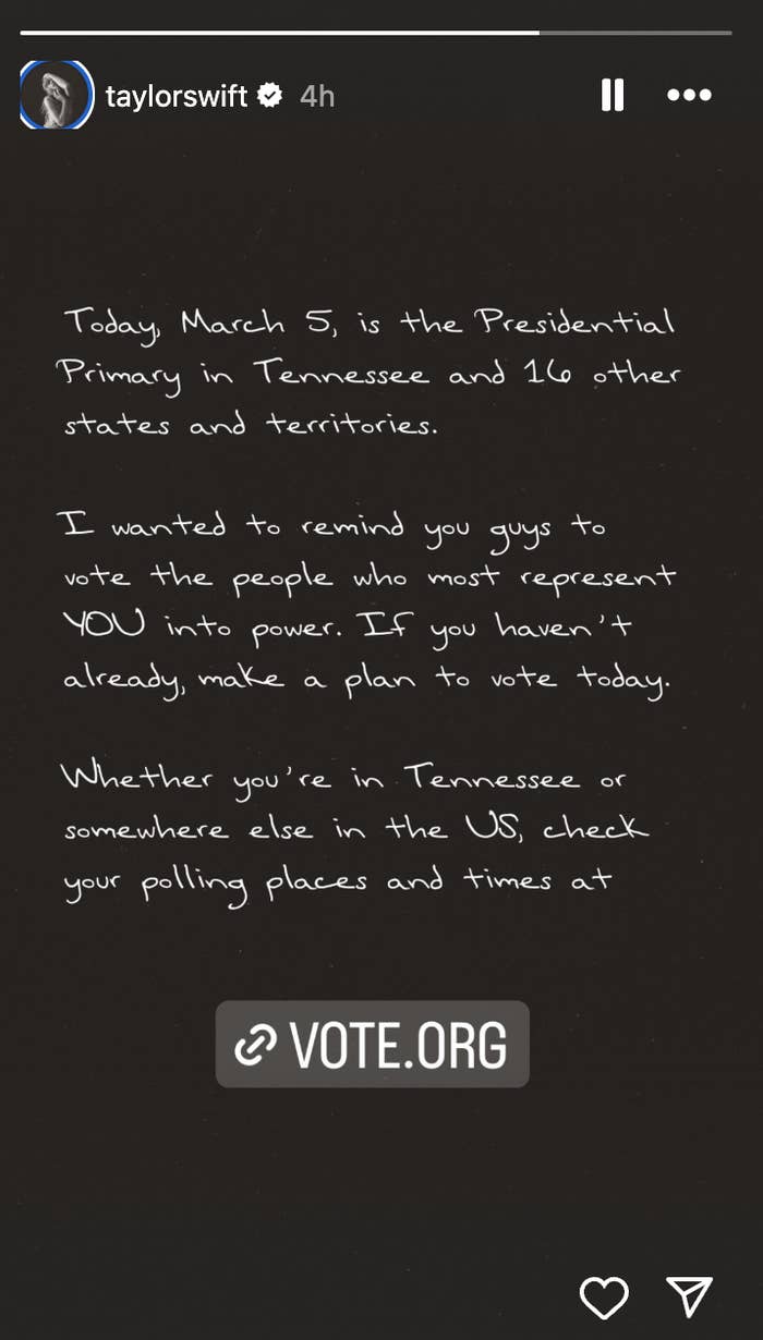Taylor Swift&#x27;s Instagram post encouraging voting, mentions Tennessee and Super Tuesday, with a reminder to make a plan to vote and a link to VOTES.ORG