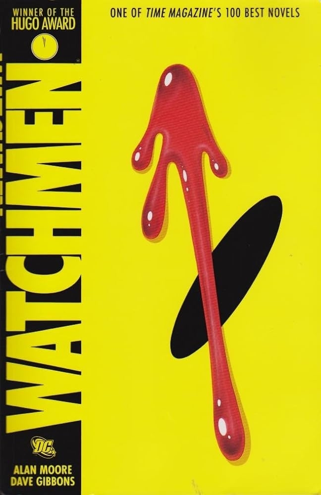 Cover of &quot;Watchmen&quot; graphic novel featuring a blood-splattered smiley face pin