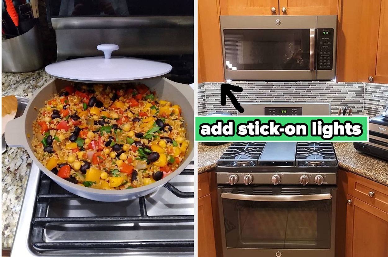 reviewer's purple Goodful pan on stove full of food / reviewer's stick lights under cabinet illuminating the area