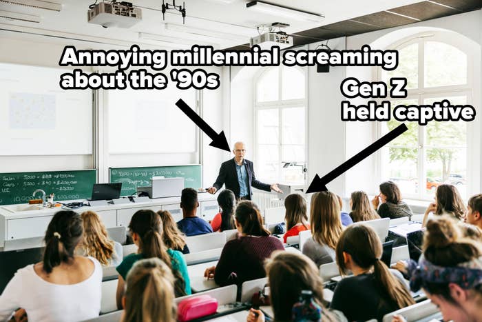Professor lecturing in a classroom filled with students, with the prof representing &quot;annoying millennial screaming about the &#x27;90s&quot; and the students repping &quot;Gen Z held captive&quot;