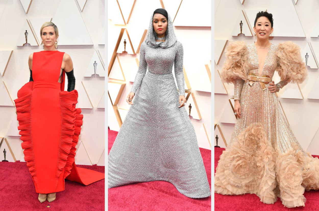 Kristen Wiig in a structured dress with ruffled detailing along the side, Janelle Monae in a long-sleeved metallic dress with a hood, and sandra oh in a long gown with floral 3D details and feathered sleeves