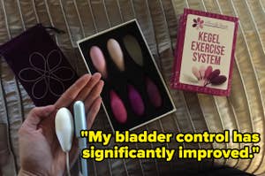 Reviewer holding kegel weight and a tampon to show they're similar lengths with a reviewer quote: "My bladder control has significantly improved"